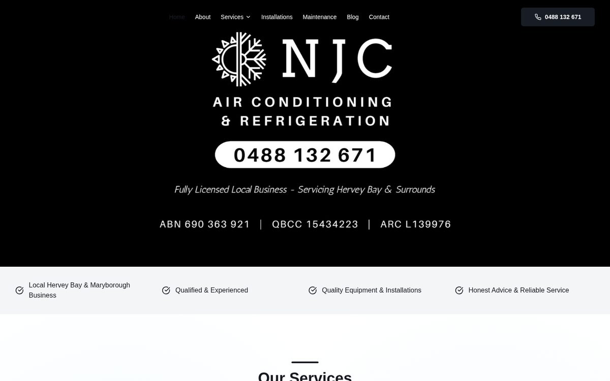 NJC Airconditioning website homepage