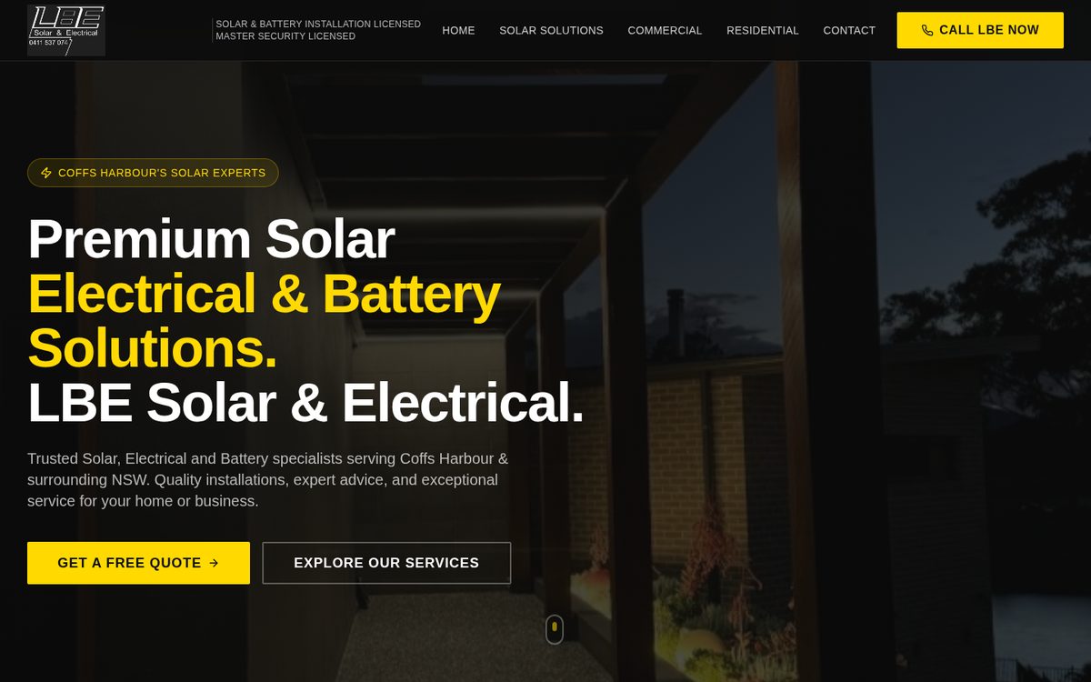 LBE Solar & Electrical website homepage